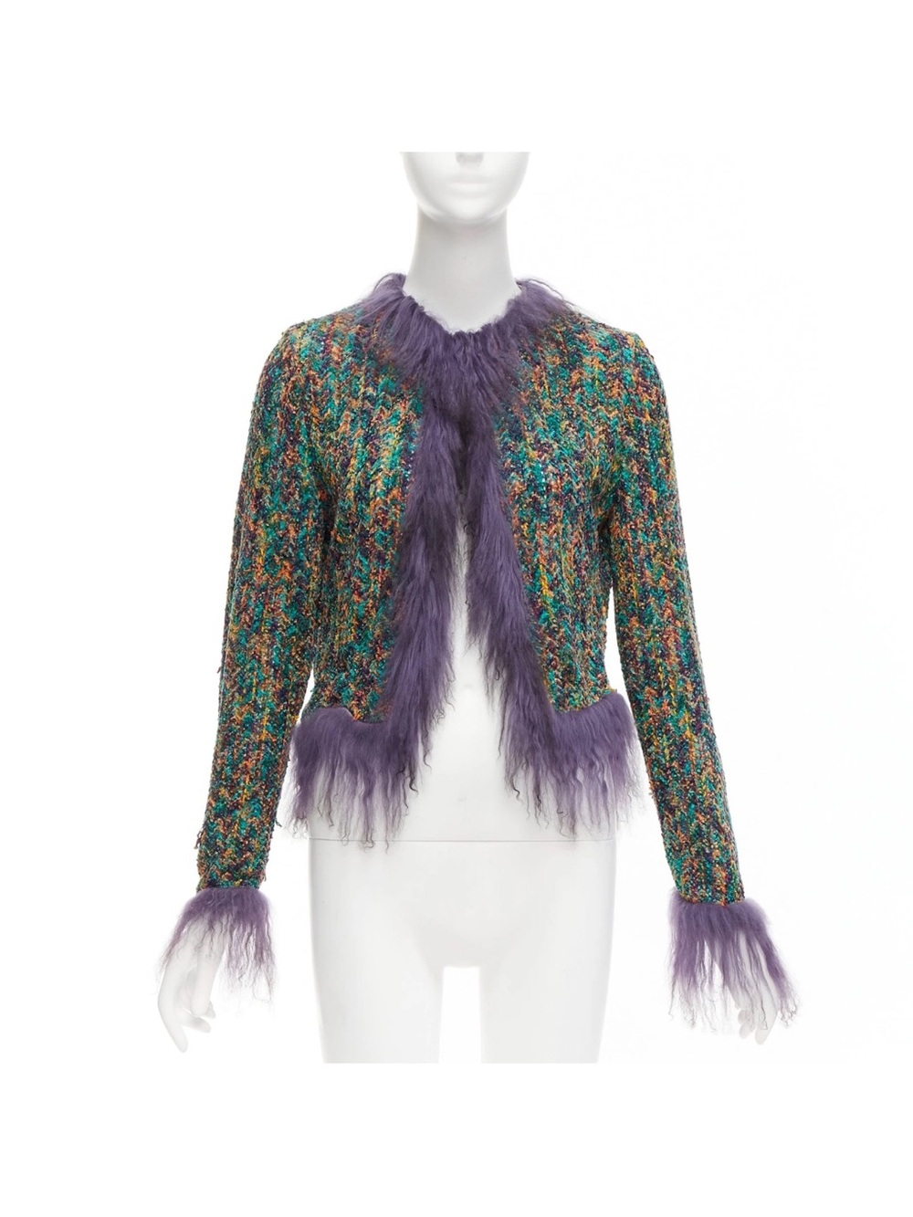 Emanuel Ungaro Multicolor Tweed Jacket with Purple Faux Fur Trim